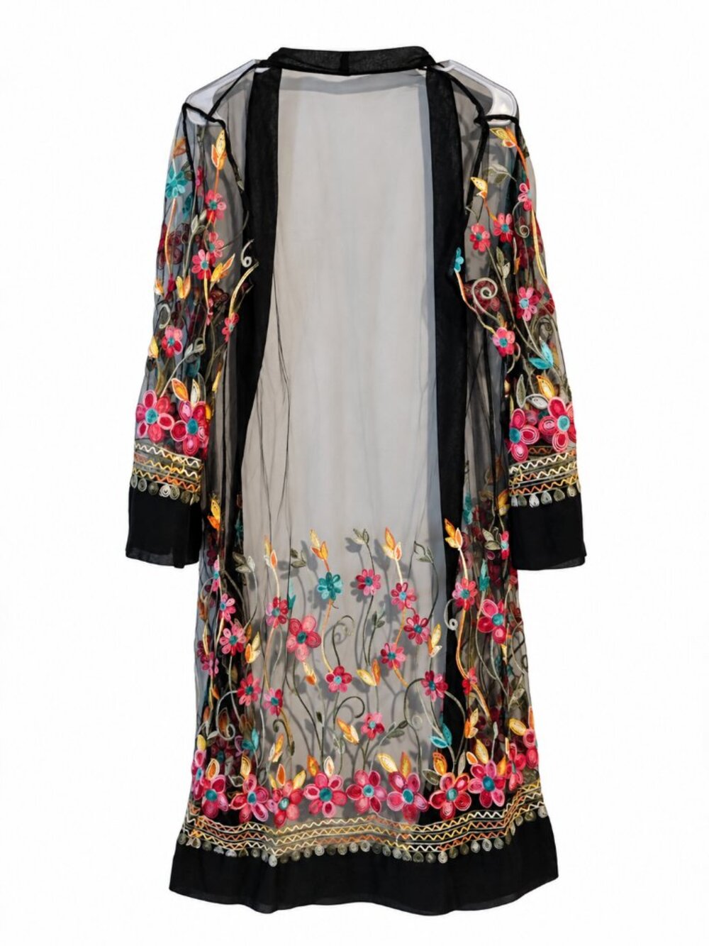Black Sheer Floral Embroidered Long Kimono Duster